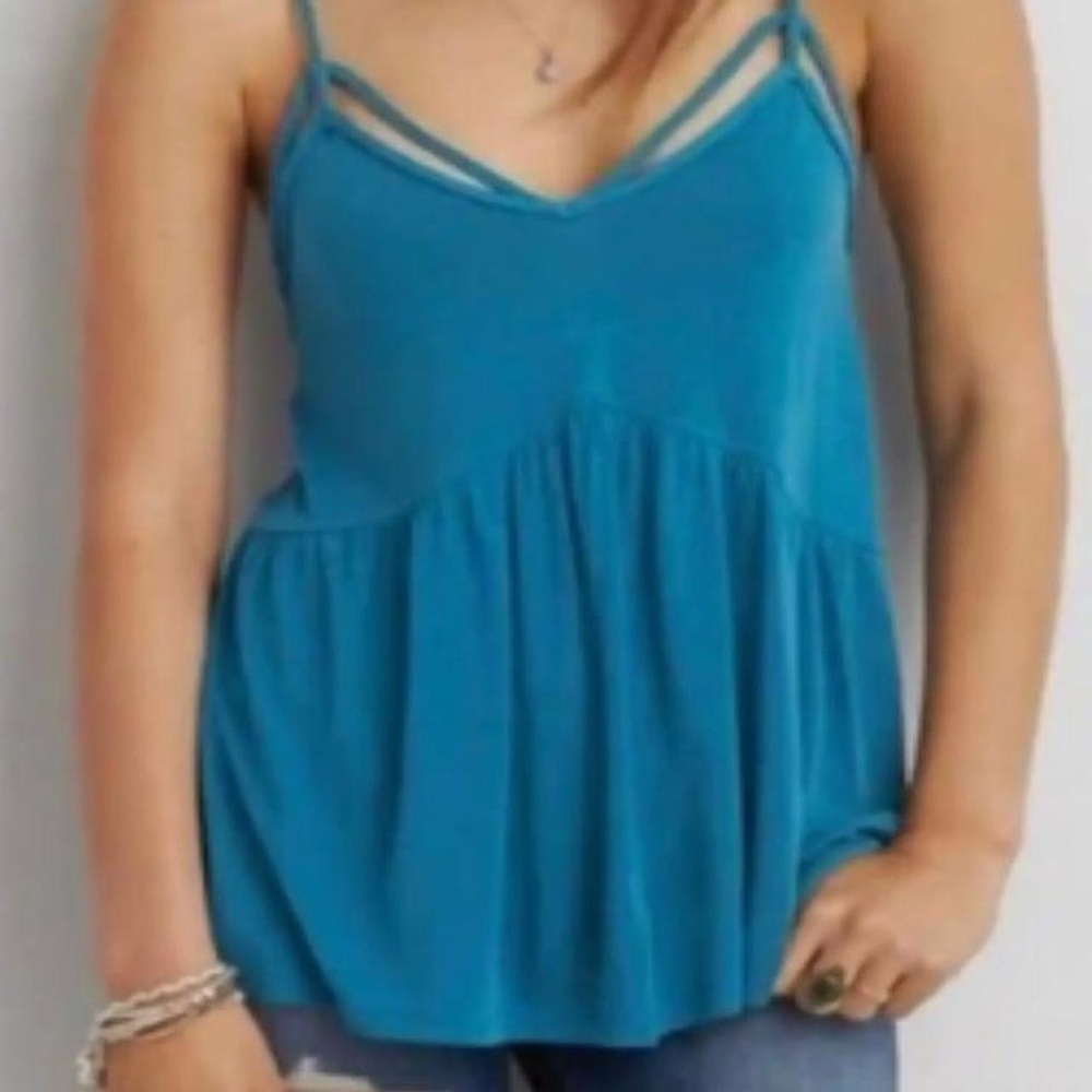 American Eagle Teal Blue Braided Strappy Baby Doll Empire Waist Tank XS EUC